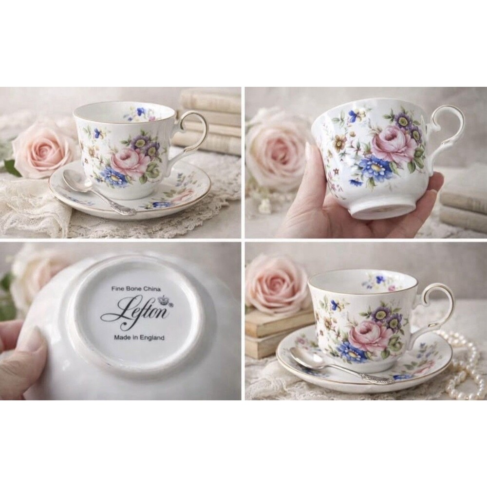Lefton Fine Bone China Floral Tea Cup & Saucer England Two-Piece Decorated